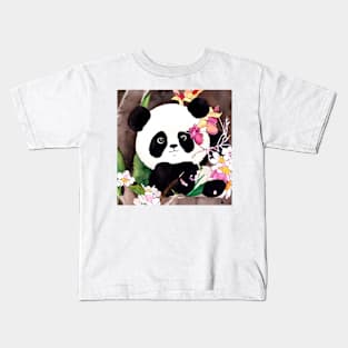 Cute panda and sweet peas blossom watercolor painting Kids T-Shirt